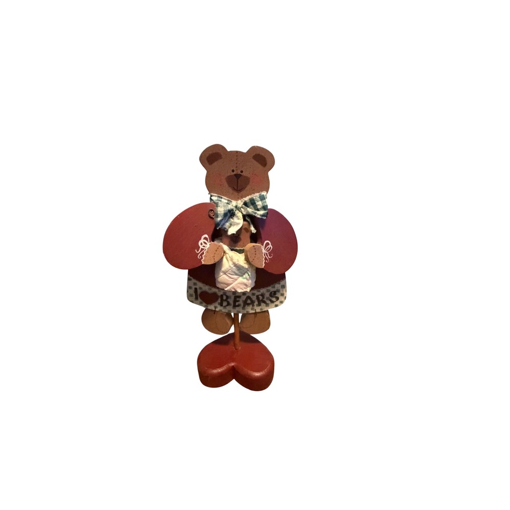Vintage Rustic Wooden Teddy Bear Figurine Mother and Baby Folk Art Heart Base